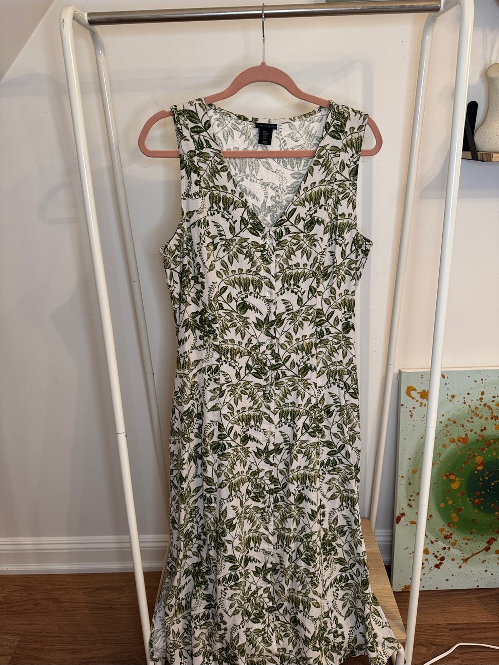 Tahari Linen Blend Sleeveless White Dress with Green Leaf Print size M